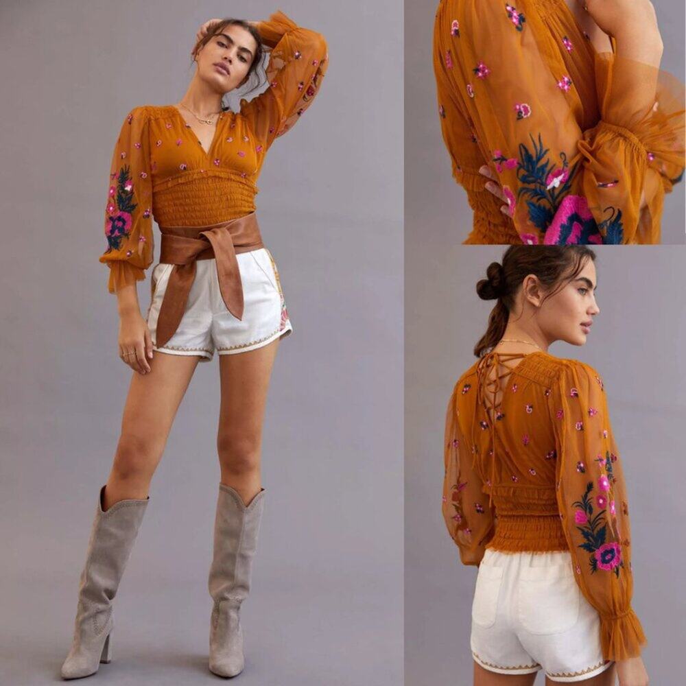 NWT Anthropologie Gold Ochre Floral Embroidered Smocked Tulle Blouse, Sz XS